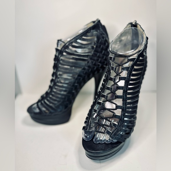 Mea Shadow Heels Gladiator Stiletto Platform BLACK Woven Leather SZ 6 - Picture 4 of 16